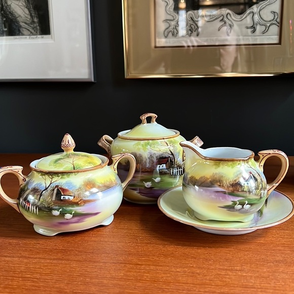 💯 Antique Nippon set sugar creamer under plates mustard or honey container - Picture 1 of 14